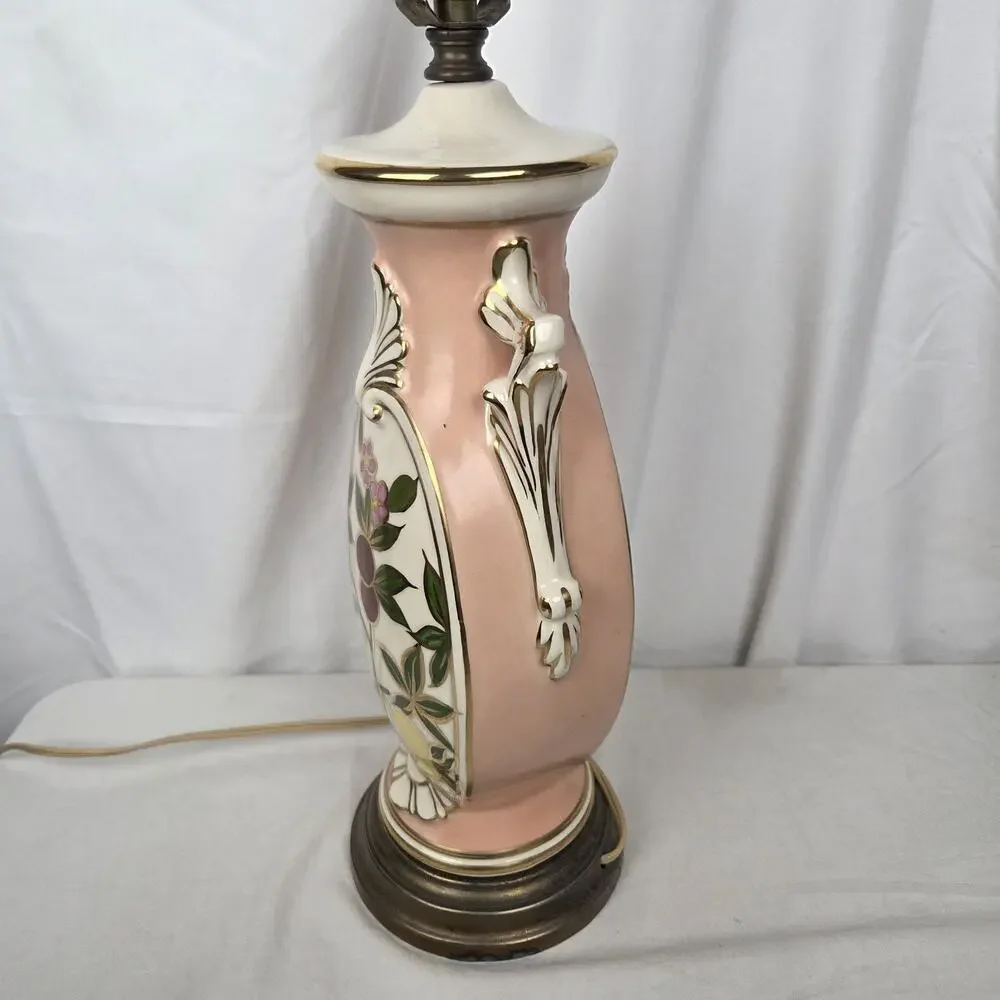 Mid Century Hand Painted Table Lamp Ceramic Floral Cherry Fruit Tree Pink Gold